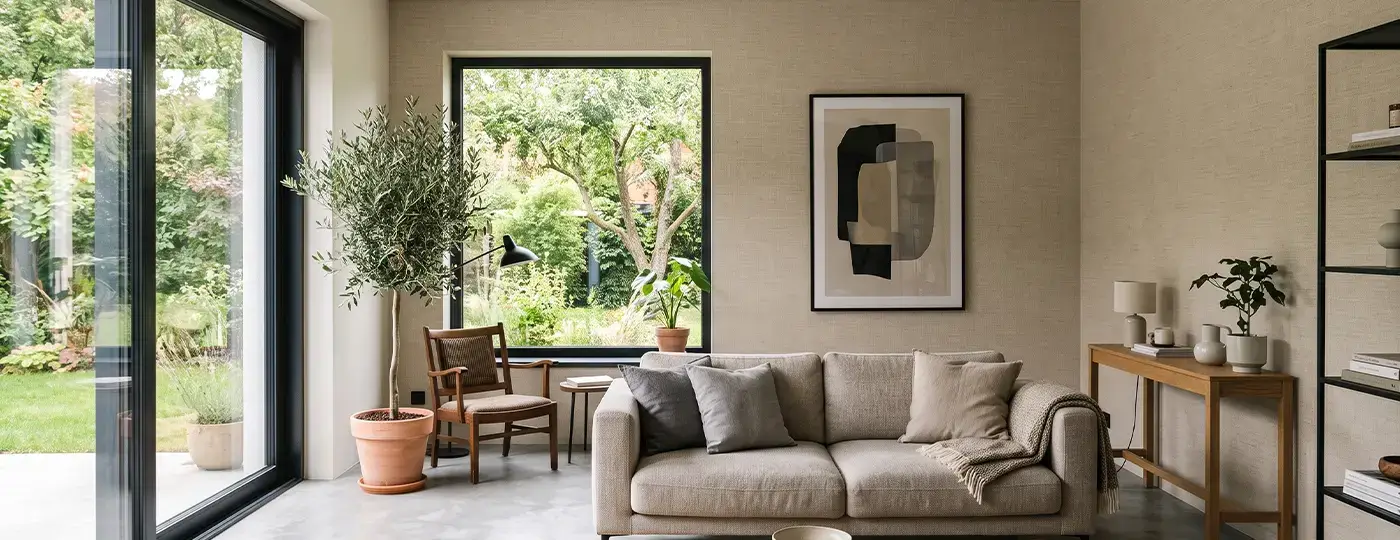 Ein helles Wohnzimmer mit cremefarbener Tapete, einem beigen Sofa, großen Fenstern und Topfpflanzen.