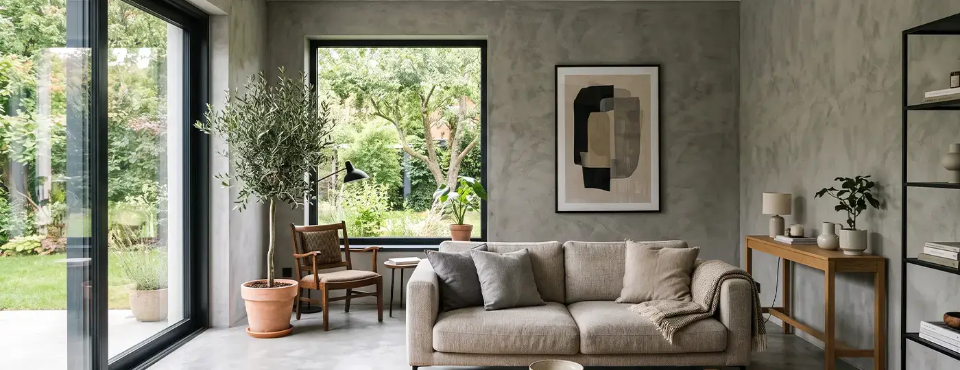 Ein modernes Wohnzimmer mit Wänden aus grauem Mikrozement, einem beigen Sofa, großen Fenstern und Pflanzen.