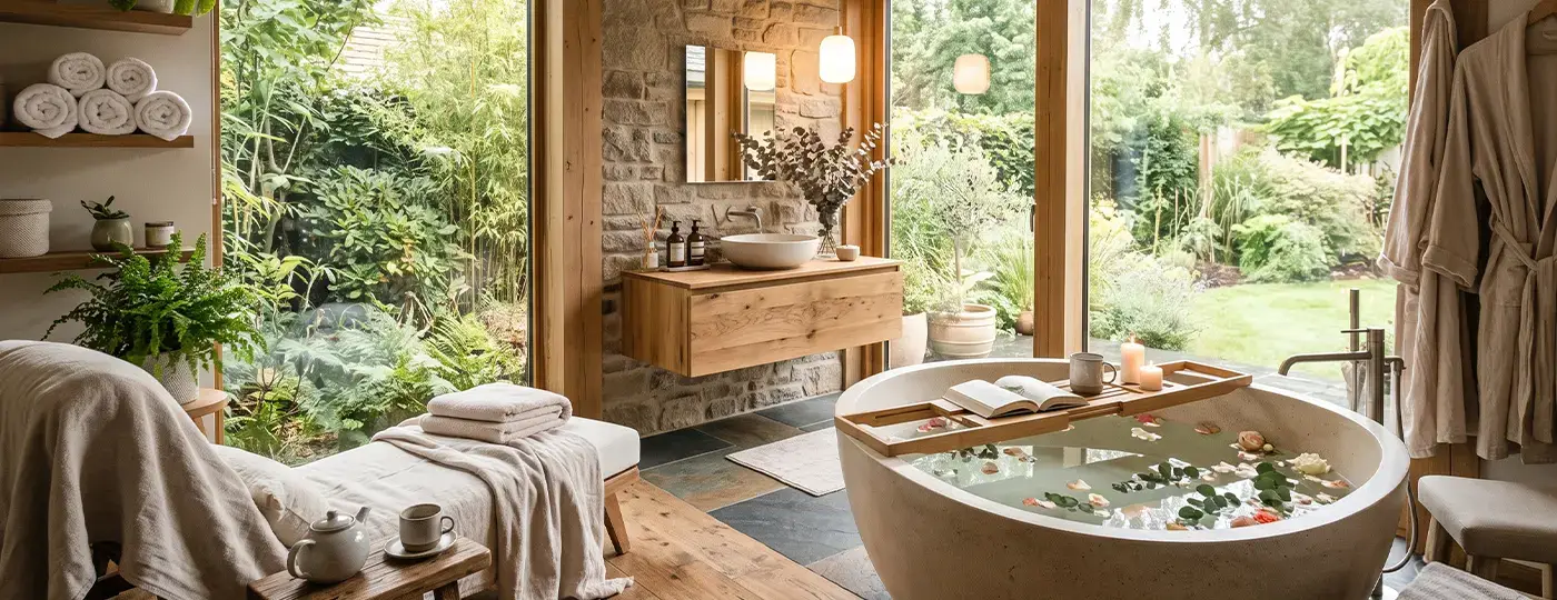 Privates Badezimmer mit Wellnessbereich, runder Badewanne, Entspannungsliege und Blick in den Garten.