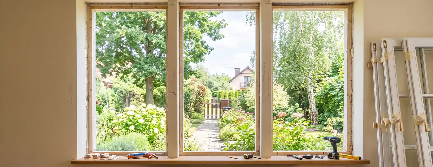 Montage eines Fensterrahmens mit Blick auf einen grünen Garten während des Fensteraustauschs am Haus.