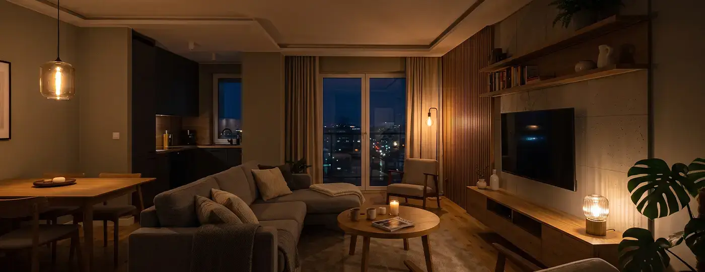 Ein gemütliches, dunkles Wohnzimmer am Abend mit stimmungsvoller, gedimmter Beleuchtung und Holzakzenten.