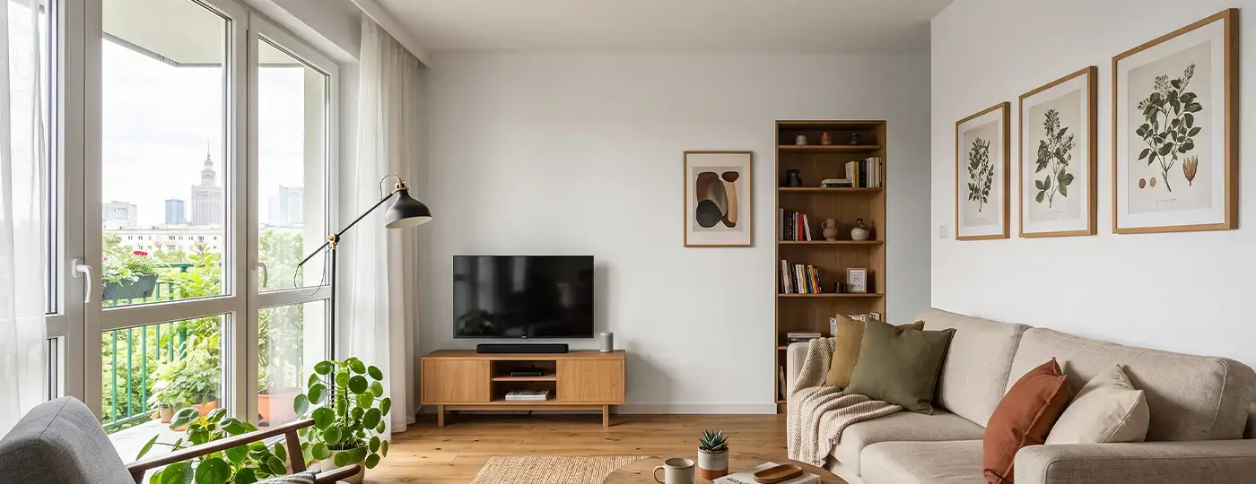 Ein helles Wohnzimmer mit weißen Wänden, Holzmöbeln und einem eingebauten Bücherregal.