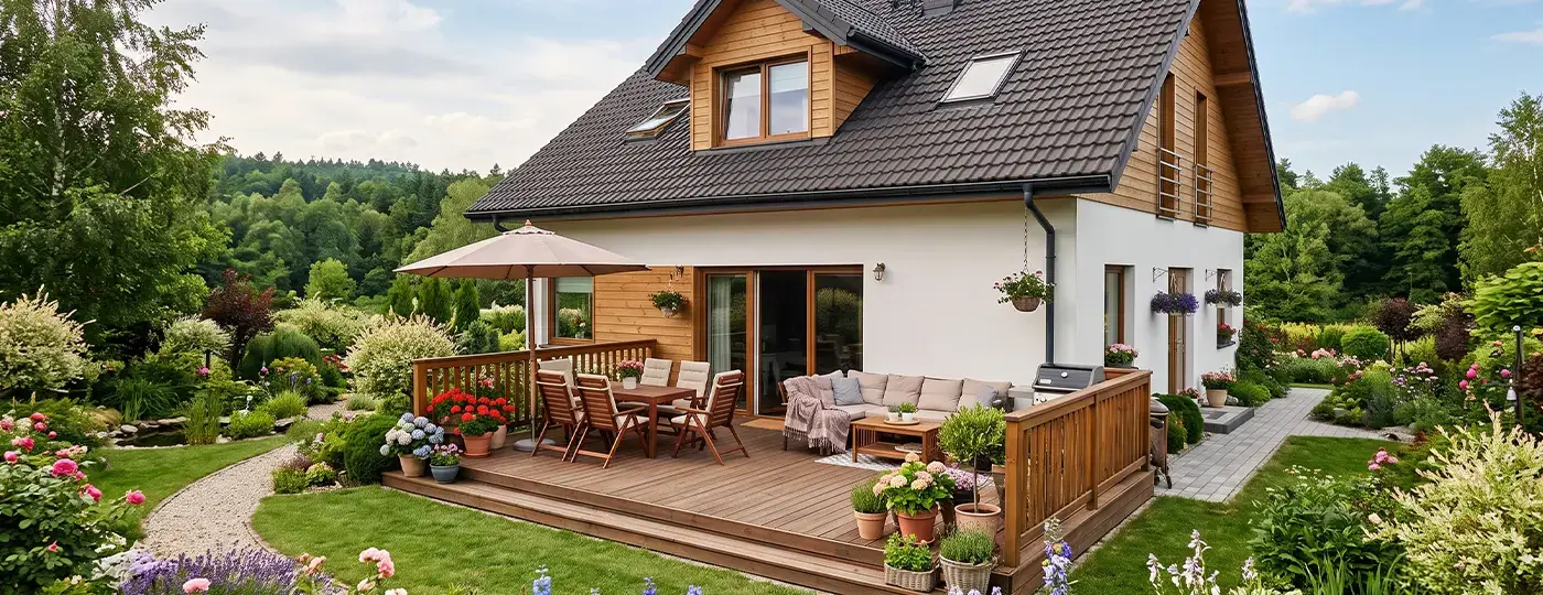 Elegantes Einfamilienhaus mit einer mit Gartenmöbeln und Sonnenschirm ausgestatteten Holzterrasse, umgeben von einem gepflegten Garten.