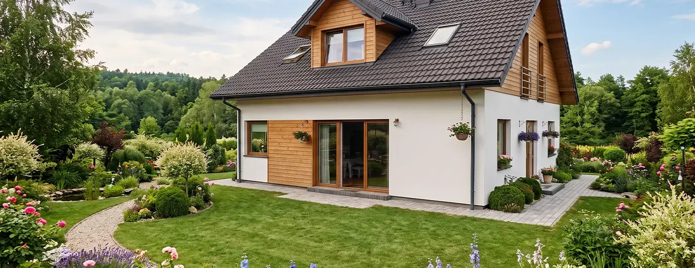 Einfamilienhaus mit Holzakzenten an der Fassade, umgeben von einer Rasenfläche und einem üppigen Garten.