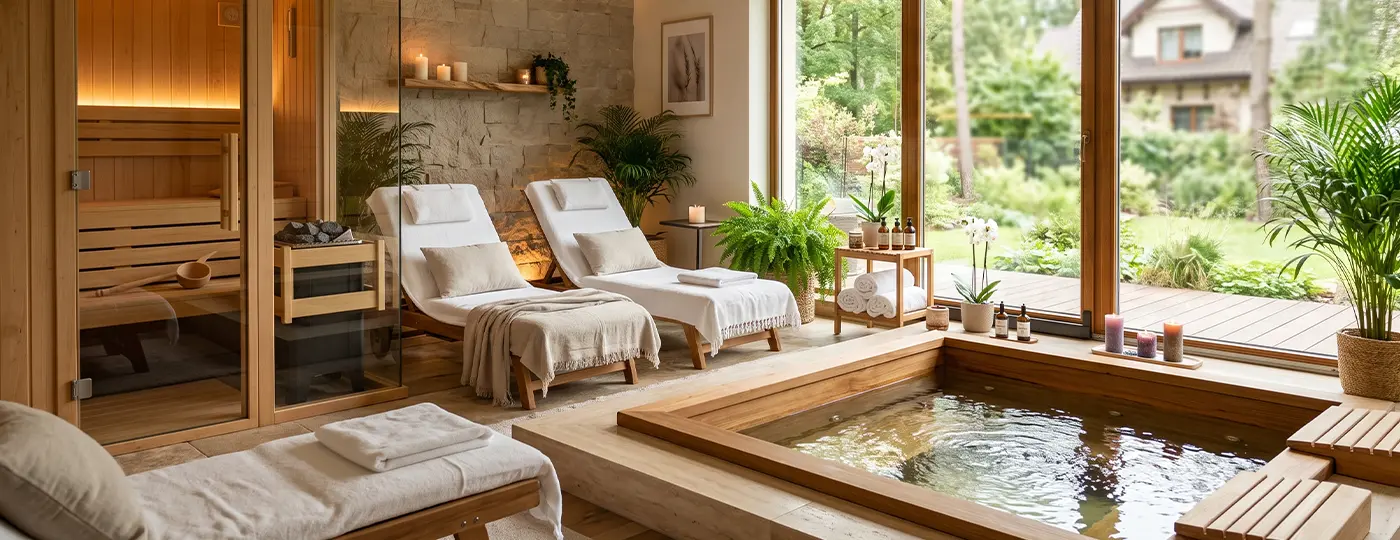 Ein komplett ausgestatteter Home-Spa mit einer Sauna mit Glaswänden, einem eingebauten Whirlpool, Liegen und Blick in den Garten.
