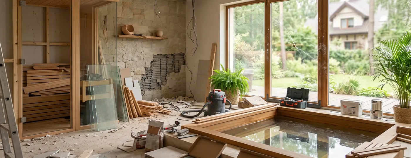 Innenansicht eines Wellnessbereichs während der Renovierung, mit einer Sauna und einem Pool im Einbau sowie Baumaterialien.