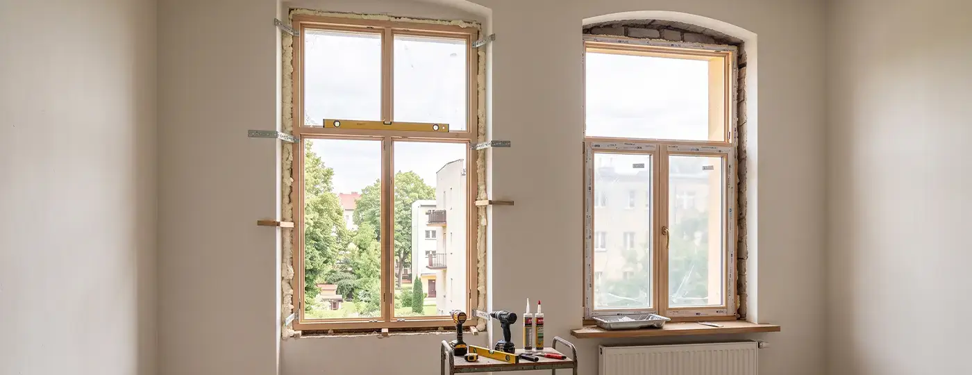 Einbau von Holzfenstern in die Bogenfensternischen der Wohnung während der Ausbauarbeiten.