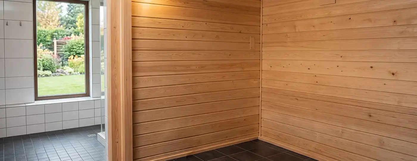 Ein holzvertäfelter Raum, vorbereitet für den Einbau einer Heimsauna, mit Blick auf das angrenzende Badezimmer und den Garten vor dem Fenster.