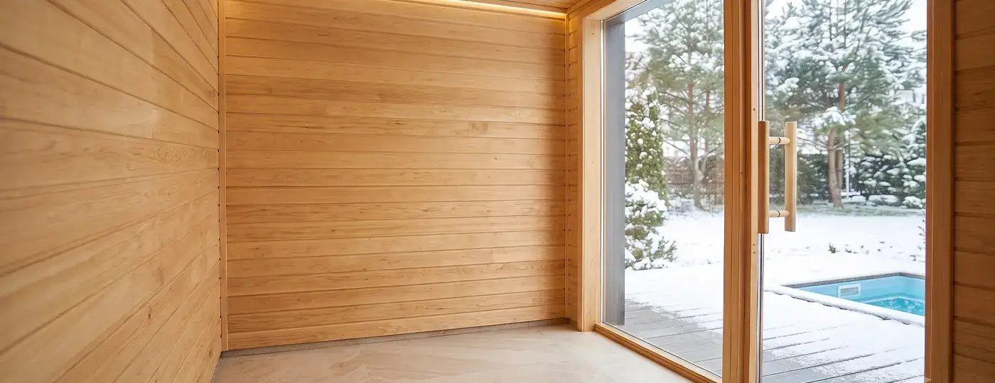 Ein heller, holzverkleideter Raum, der für eine Heimsauna vorbereitet ist und über eine großflächige Verglasung sowie Zugang zu einem verschneiten Garten mit Swimmingpool verfügt.