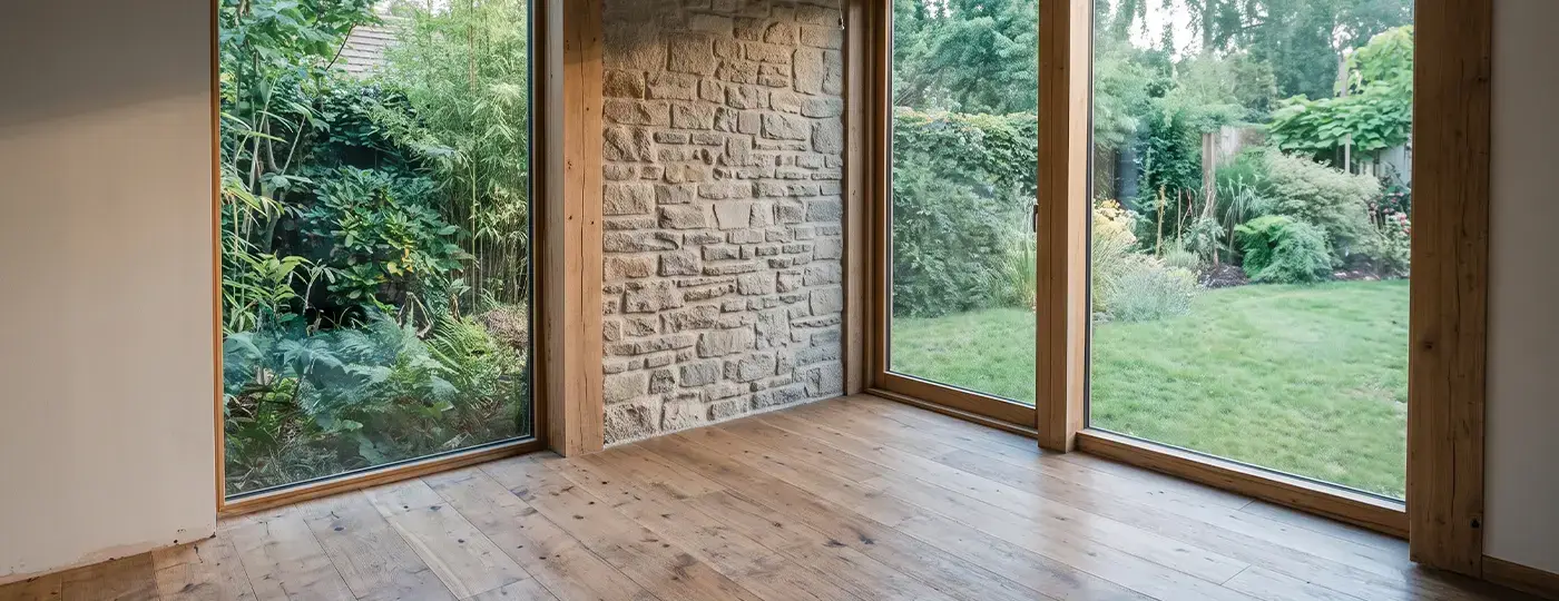 Ein leerer Raum mit einer Steinwand, einem Holzboden und großen Fenstern mit Blick auf den Garten.