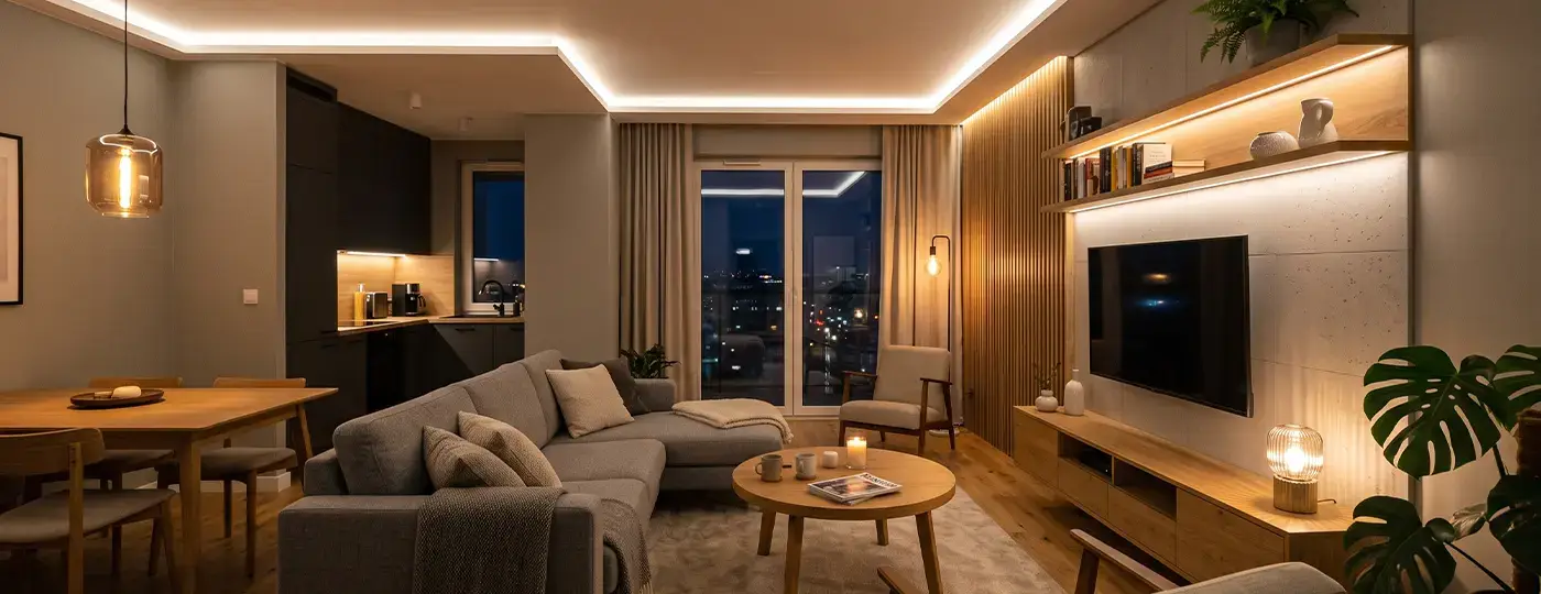 Ein gemütliches Wohnzimmer in einer modernen Wohnung mit LED-Beleuchtung an der abgehängten Decke und an den Wandregalen.