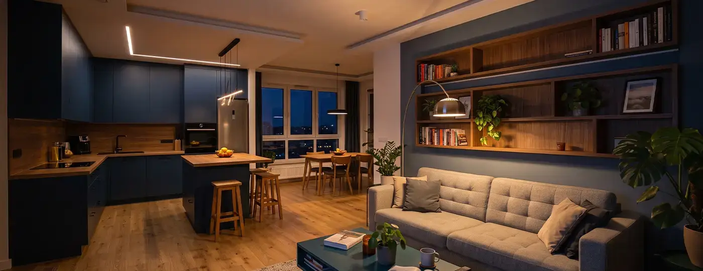 Ein gemütliches, schwach beleuchtetes Wohnzimmer, kombiniert mit einer Kochnische und einem Essbereich in einer modernen Wohnung.