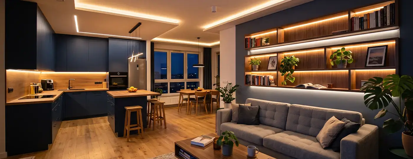 Eine gemütliche, moderne Wohnung mit offenem Übergang zu Wohnzimmer und Küche sowie stimmungsvoller LED-Beleuchtung an den Regalen und an der Decke.