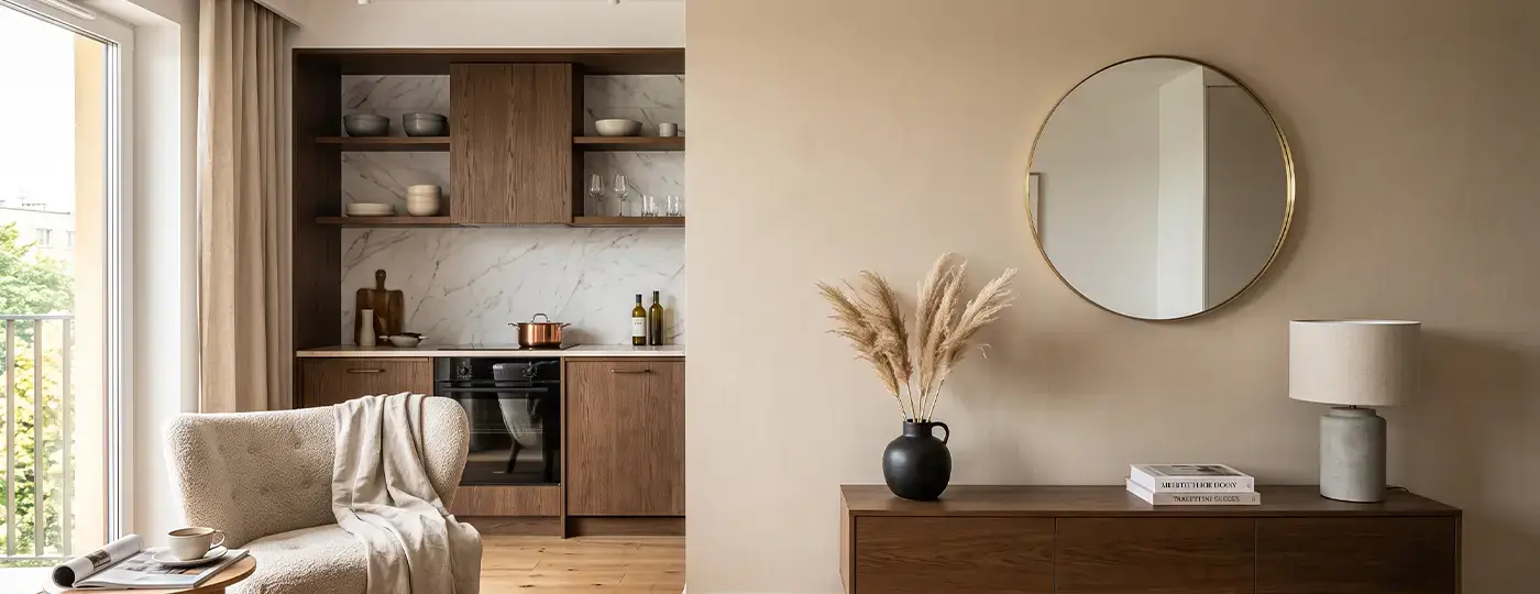 Ein gemütliches, beiges Interieur mit einer Holzkommode, einem runden Spiegel und einer Küchenzeile im Hintergrund.