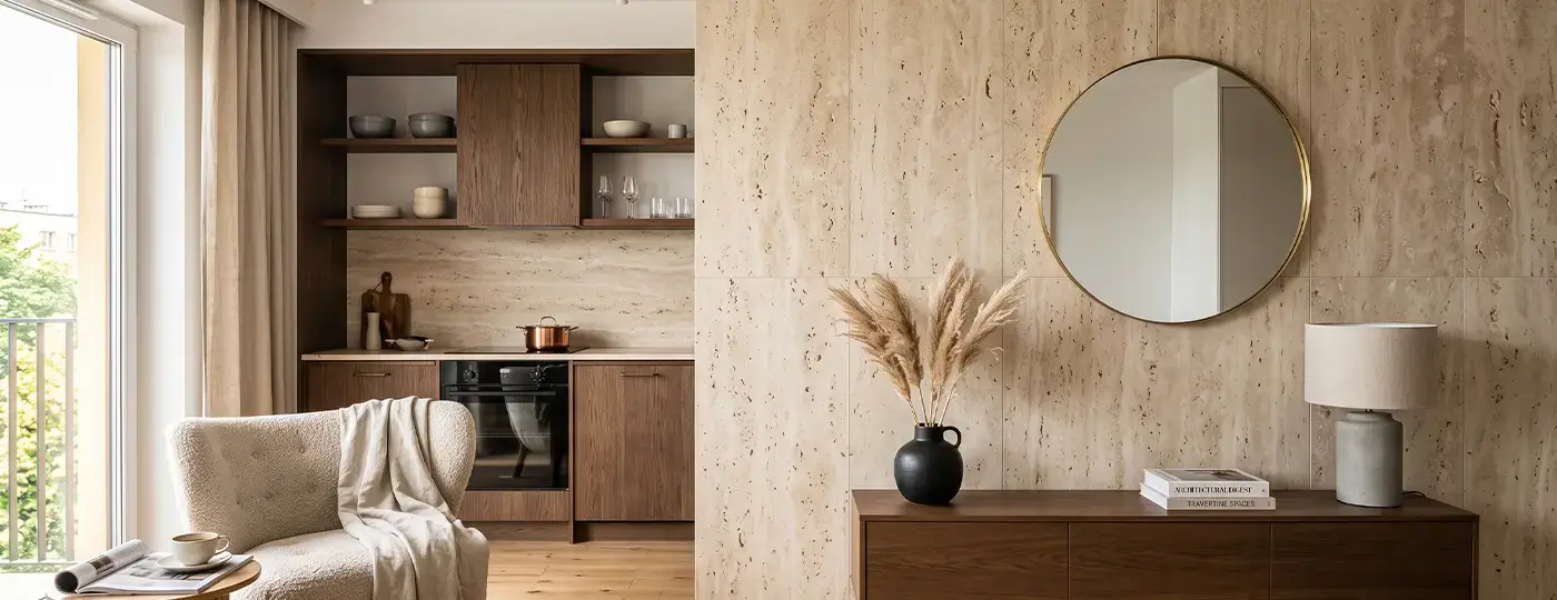 Ein warmes, elegantes Interieur mit einer Travertinwand, einem runden Spiegel, dunklem Holz und einer Küchenzeile im Hintergrund.
