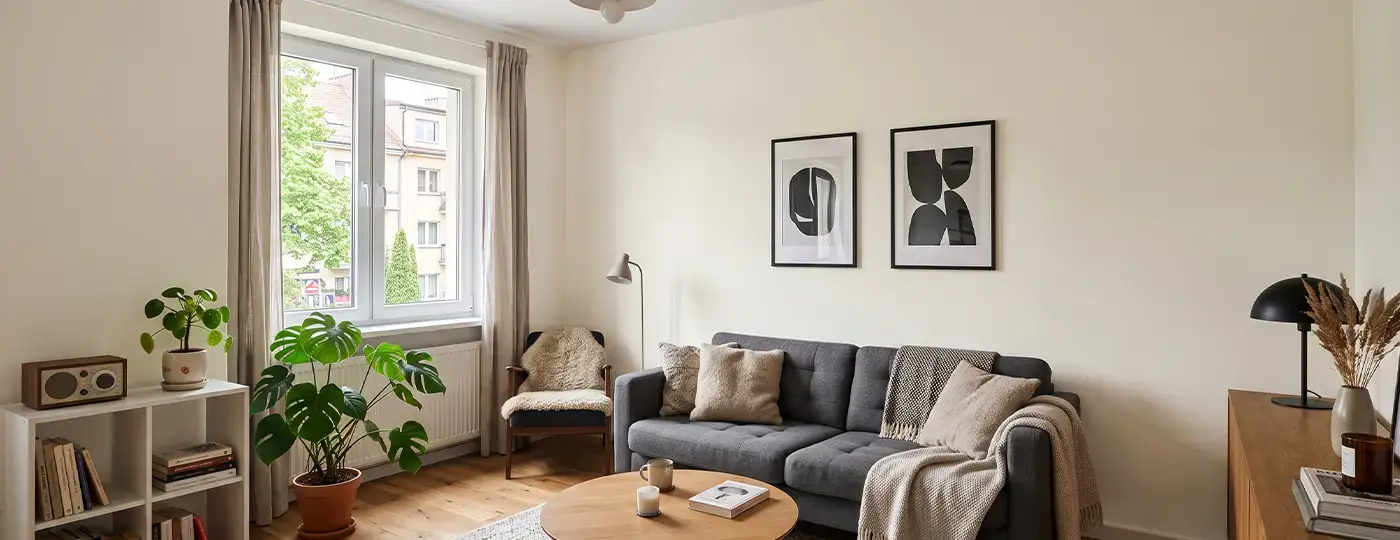 Ein gemütliches Wohnzimmer mit hellen Wänden, einem grauen Sofa, einem Couchtisch aus Holz und Topfpflanzen.