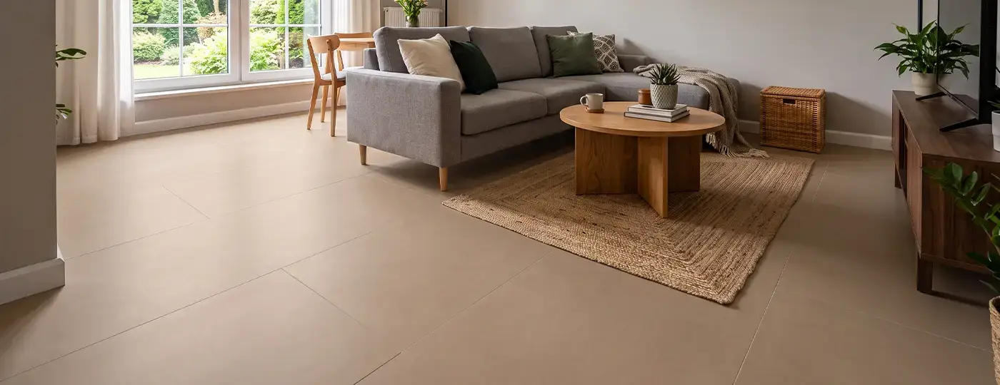 Ein gemütliches Wohnzimmer mit hellen, großformatigen Keramikfliesen, einem grauen Sofa und einem runden Couchtisch aus Holz.