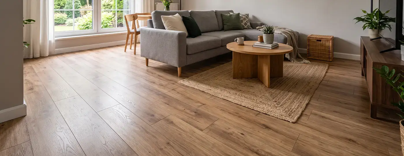 Ein gemütliches Wohnzimmer mit Bodenbelag in heller Holzoptik, einem grauen Sofa und einem runden Couchtisch.