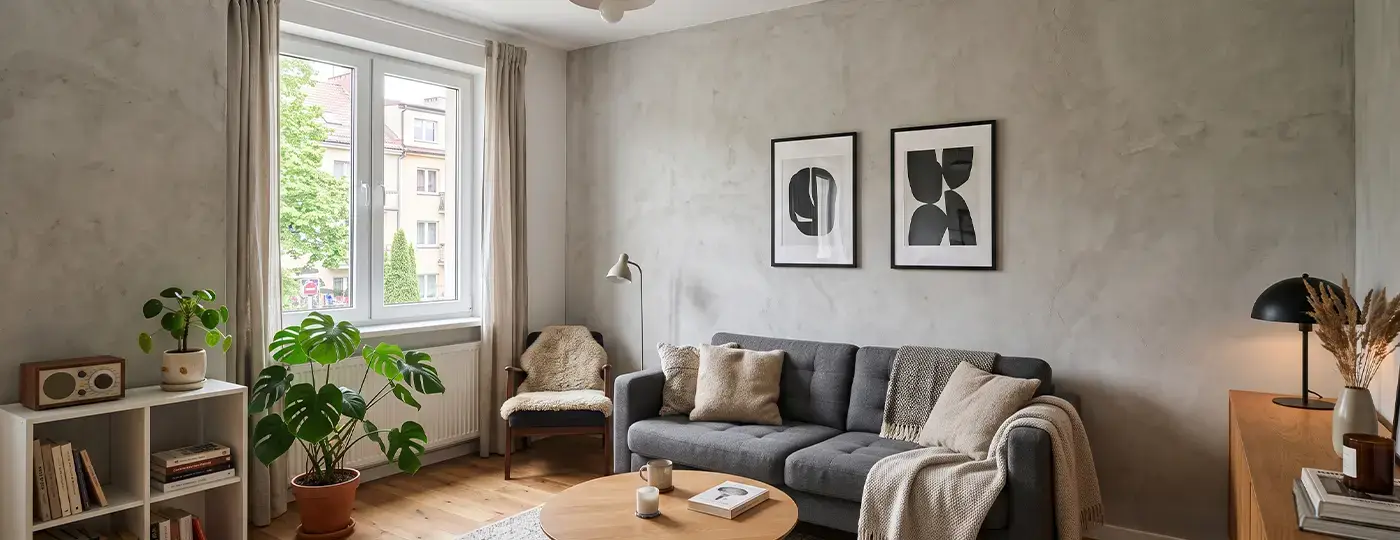 Ein gemütliches Wohnzimmer mit grauen Mikrozementwänden, einem grauen Sofa und einem Couchtisch aus Holz.