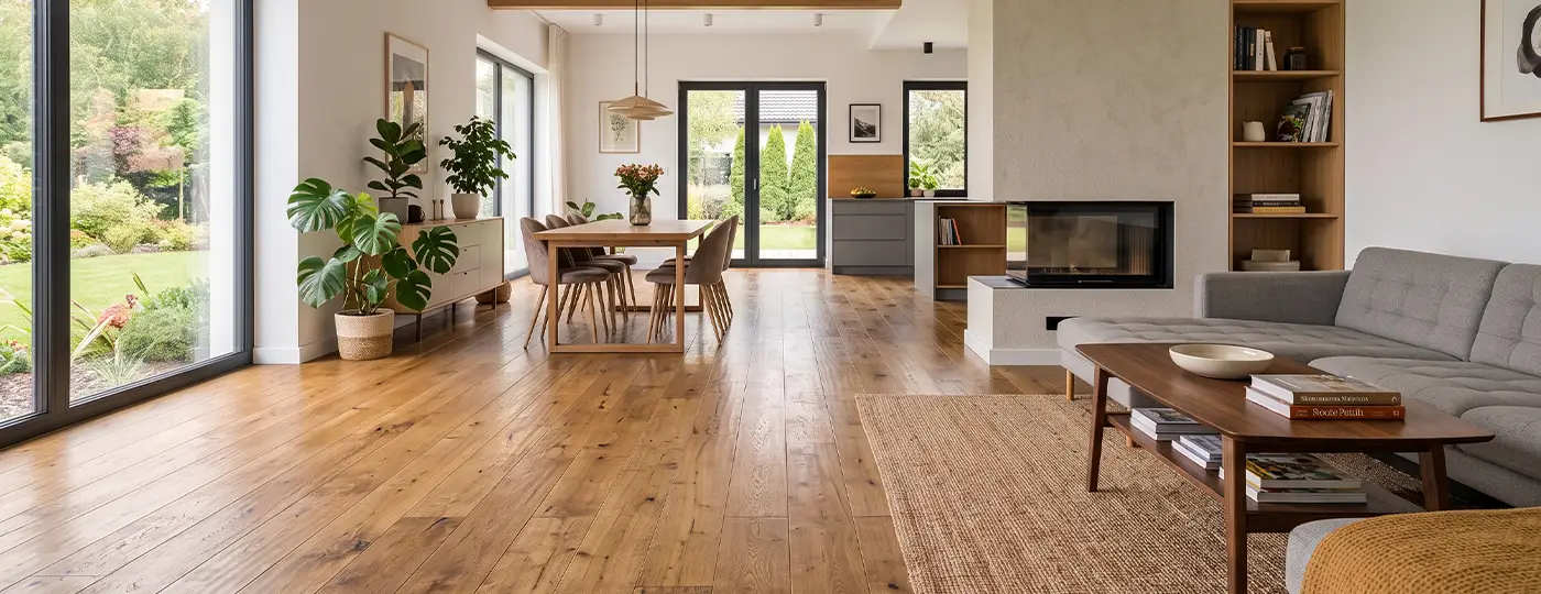 Helles, offenes Wohnzimmer mit Holzboden, modernem Kamin und großen Fenstern mit Blick in den Garten.
