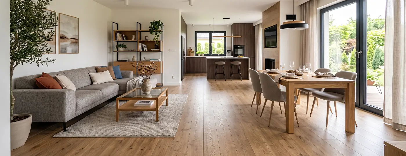 Geräumiger Wohnbereich mit Holzboden, grauem Sofa und großem Esstisch.