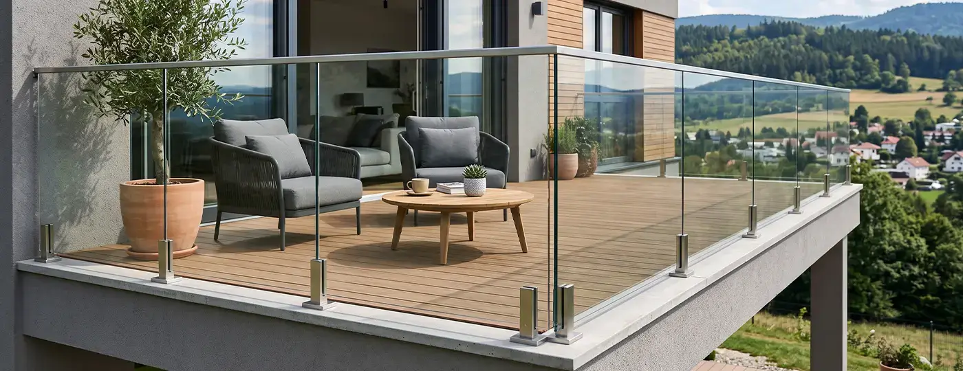 Balkon mit durchsichtiger Glasbrüstung und Loungemöbeln.