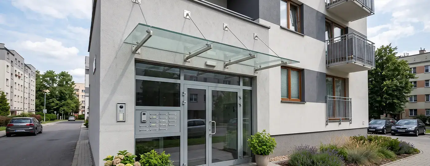Moderne Glasüberdachung, an Stahlzugstangen montiert, über dem verglasten Eingang zum Treppenhaus eines Mehrfamilienhauses.