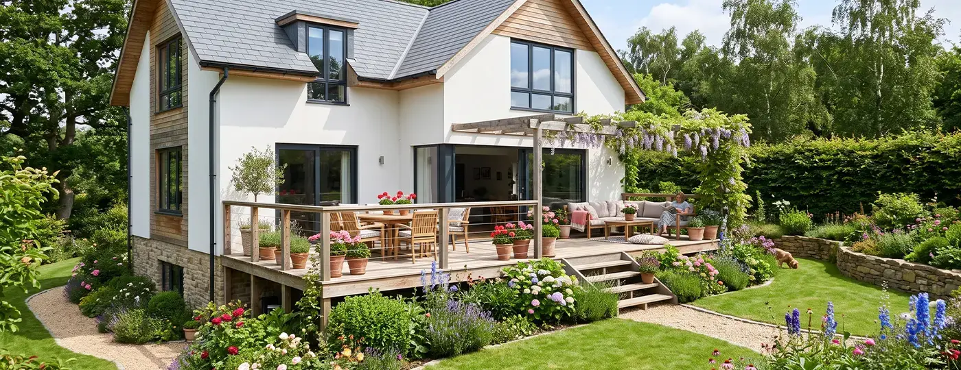Großes Einfamilienhaus mit erhöhter Holzterrasse, umgeben von einem malerischen Garten mit üppiger Bepflanzung.