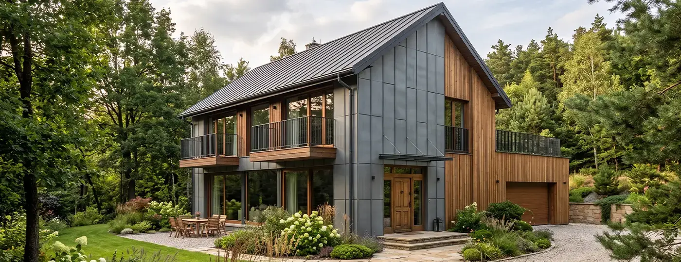 Modernes Einfamilienhaus im Scheunenstil mit einer Fassade aus grauem Blech und Holz, umgeben von Wald und Garten.