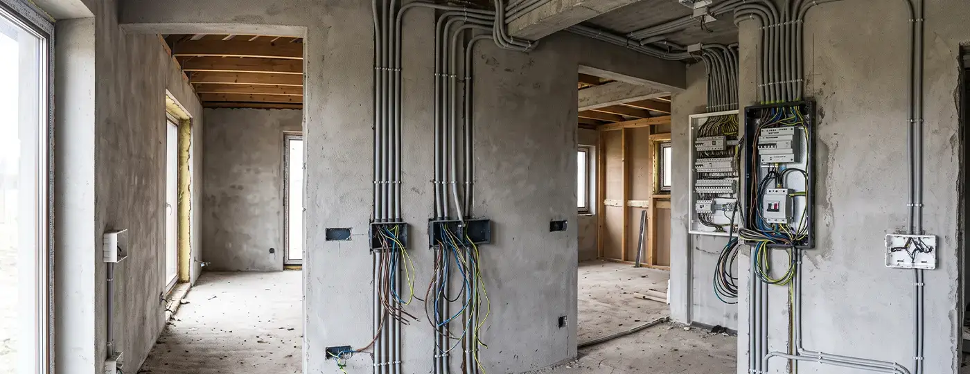 Elektroinstallation in Aufputz-Rohren und Verteilerschränke im Rohbau-Innenraum.