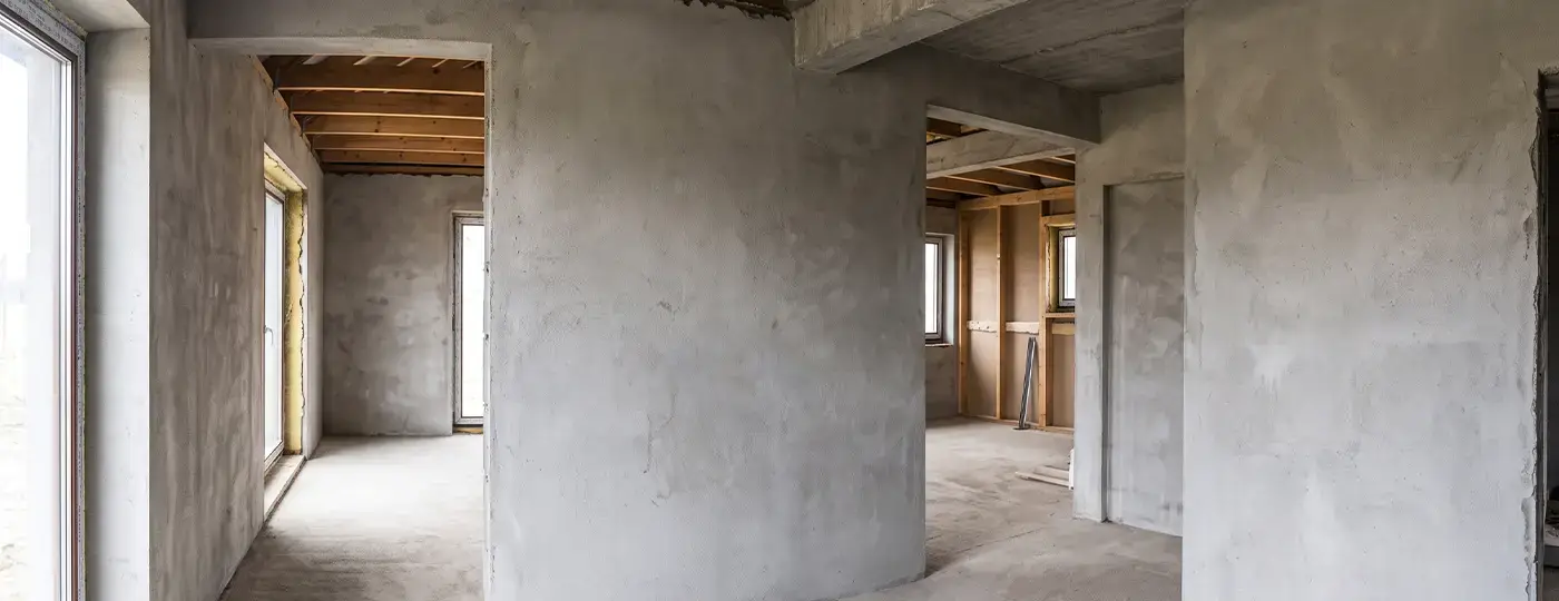 Innenansicht eines im Bau befindlichen Hauses mit Rohbauwänden ohne Elektroinstallation.