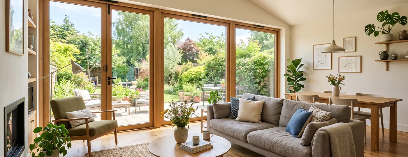 Ein helles, offenes Wohnzimmer mit Blick in den Garten durch Panorama-Holztüren.