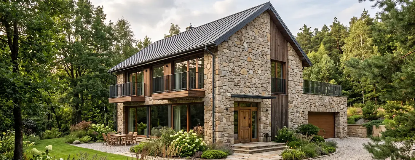 Modernes Haus im Scheunenstil mit einer Fassade aus Naturstein und Holz, umgeben von Garten und Wald.