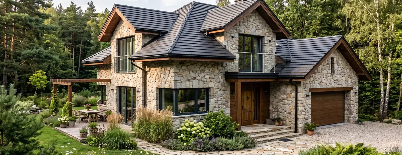Elegantes Einfamilienhaus mit Natursteinfassade und dunkler Dacheindeckung, eingebettet in Garten und Wald.