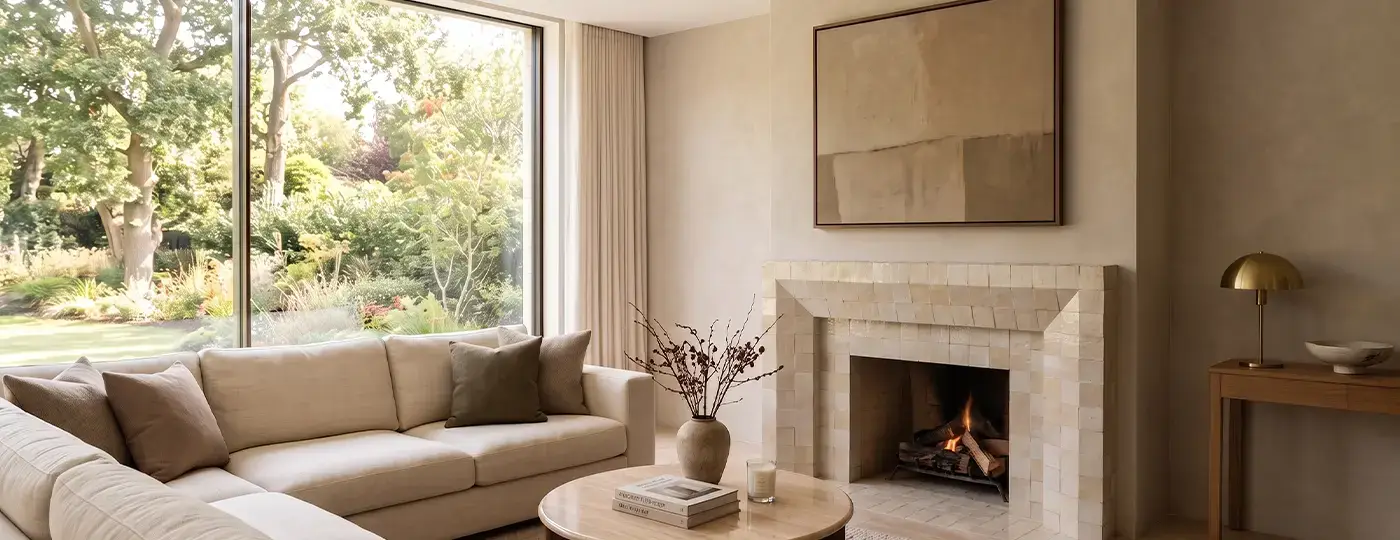 Helles Wohnzimmer mit Kachelofen, Ecksofa und großem Fenster mit Blick in den Garten.
