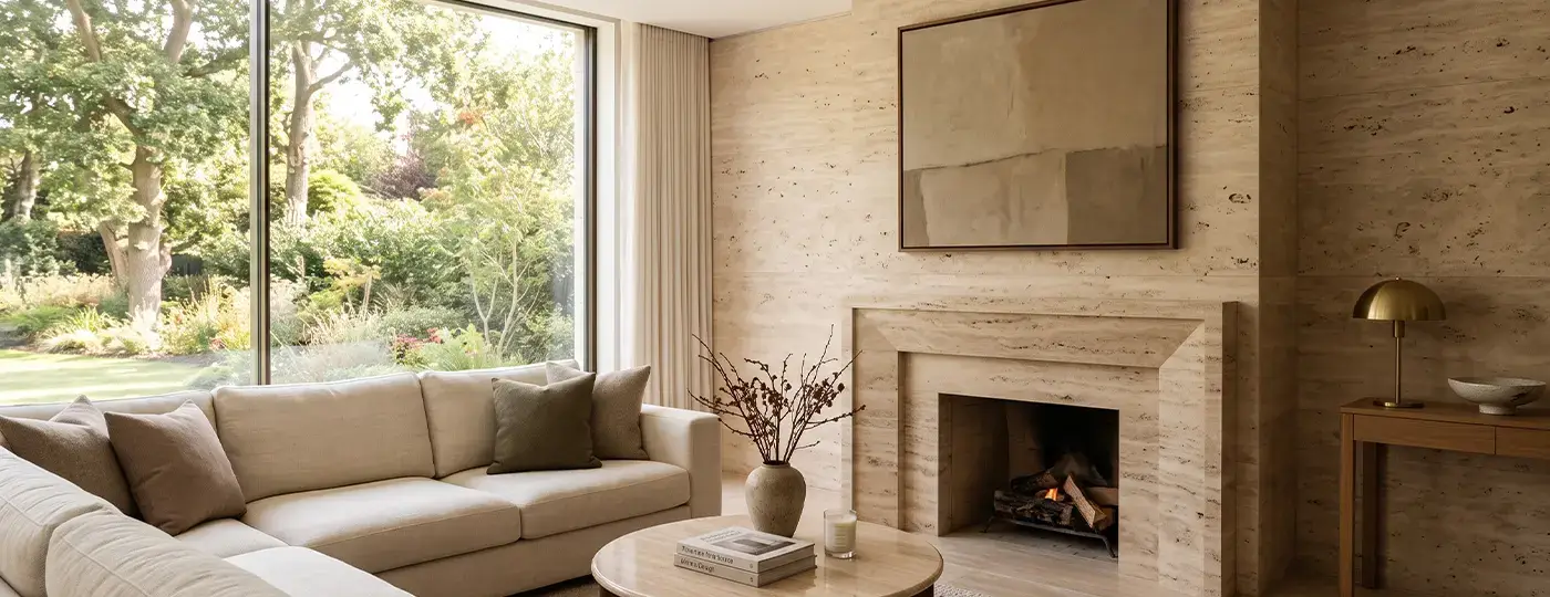 Helles, elegantes Wohnzimmer mit Kamin und Wänden aus Travertin, hellem Ecksofa und einem großen Fenster zum Garten.