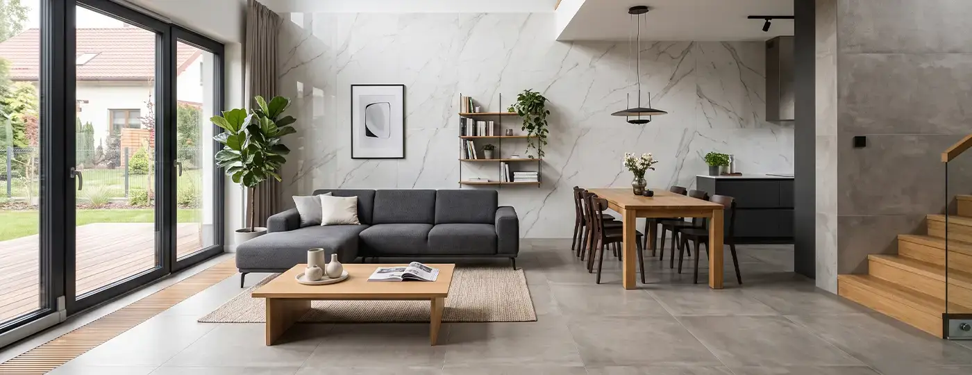 Modernes, geräumiges Wohnzimmer mit grauer Eckcouch, einer mit großformatigem weißem Marmor verkleideten Wand und großen Glasflächen.