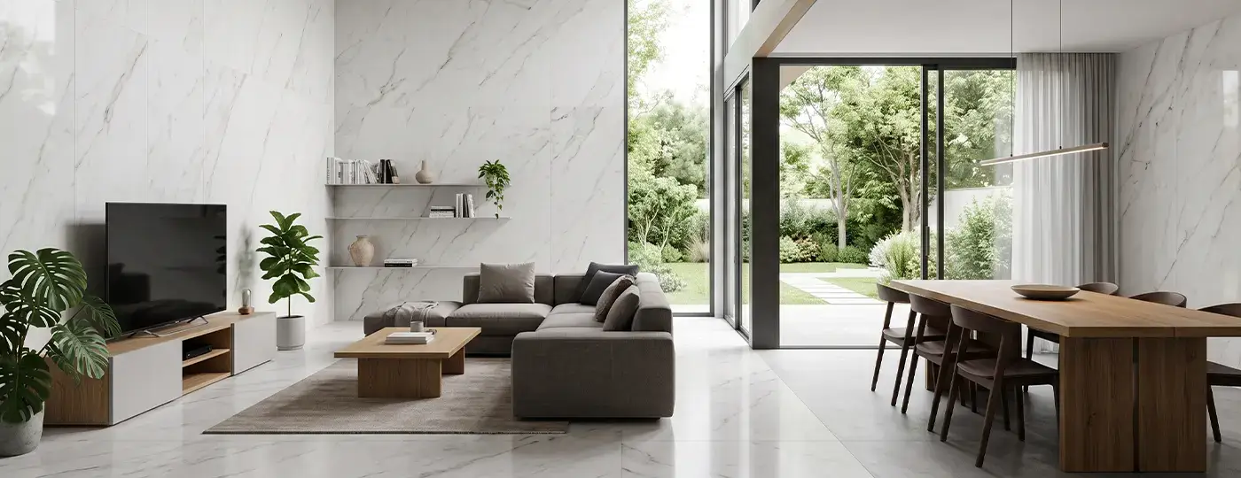 Helles, minimalistisches Wohnzimmer mit Wänden und Boden aus Marmorplatten, einem grauen Ecksofa und Zugang zum Garten.