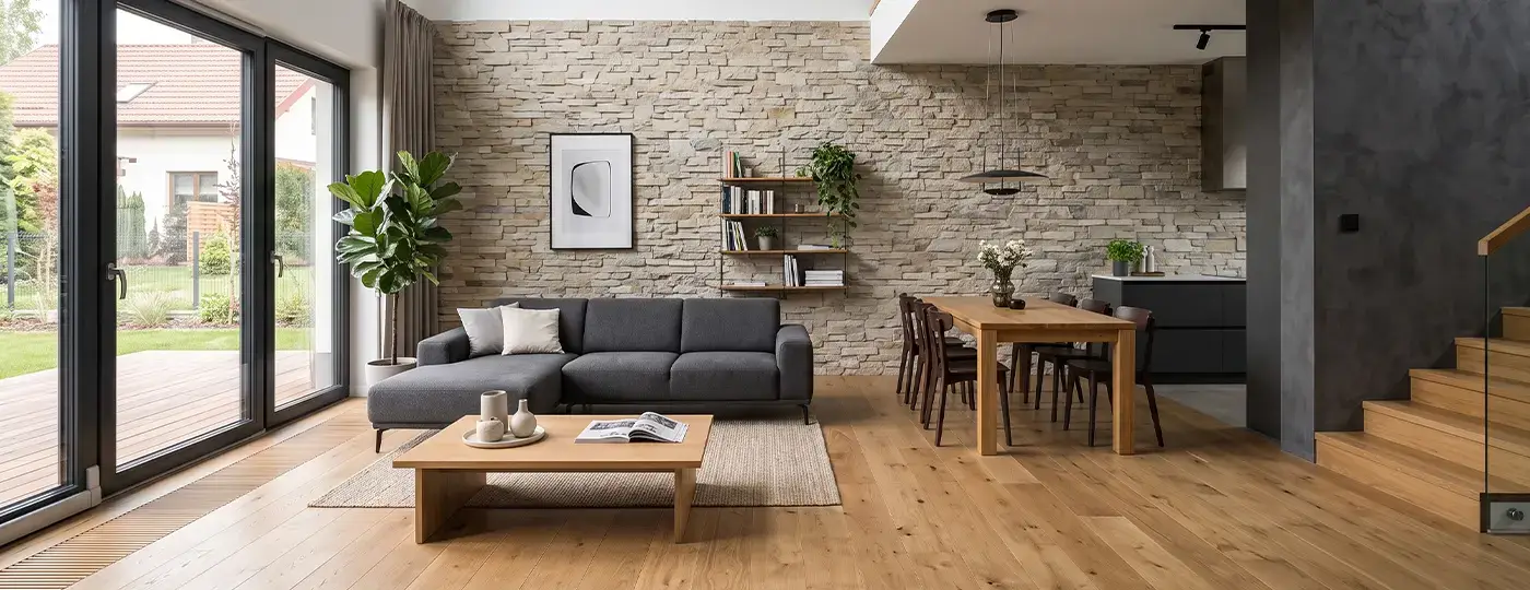 Modernes Wohnzimmer mit Holzboden, einer dekorativen Wand aus hellem Fassadenstein und einem grauen Ecksofa.