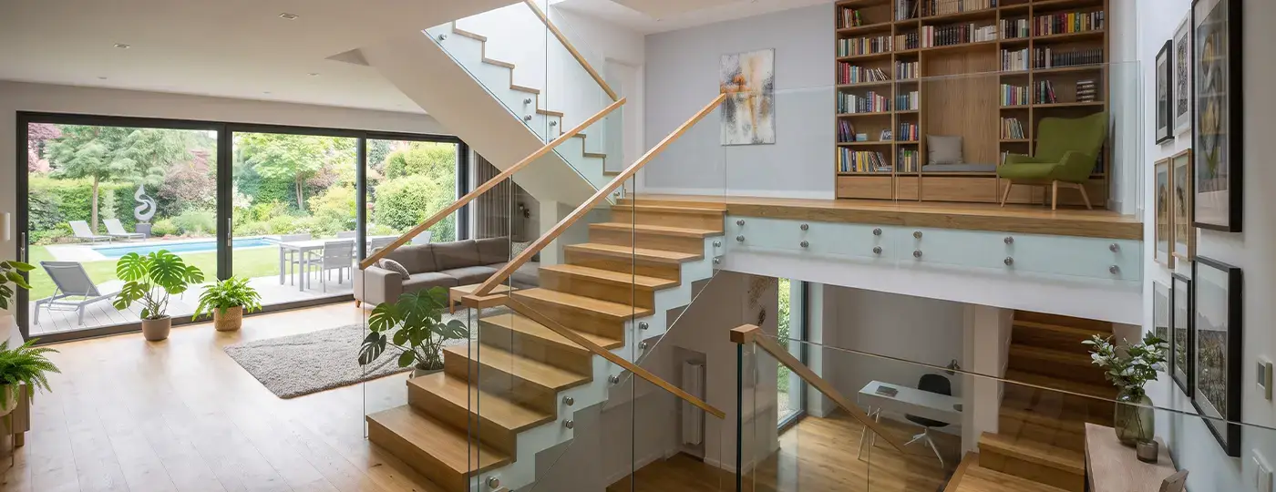 Holztreppe mit Glasgeländer in einem modernen Wohnzimmer.