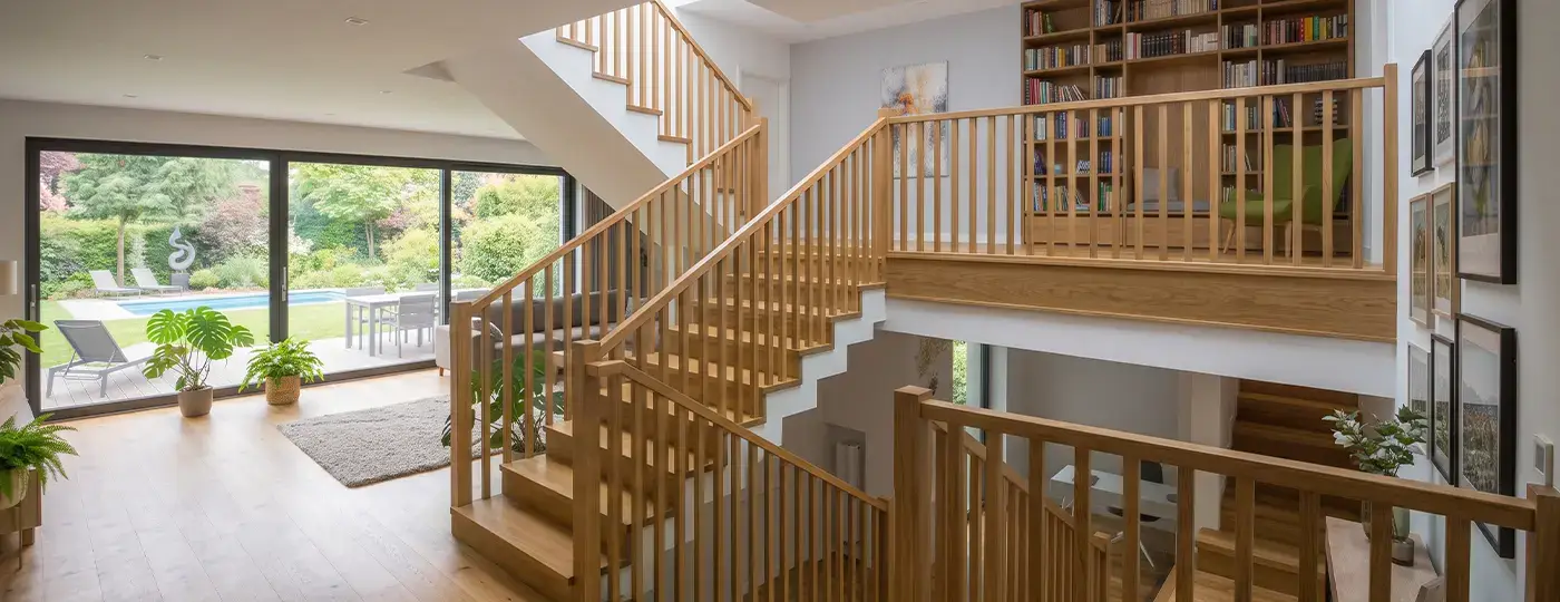 Holztreppe mit Holzgeländer in einem hellen Wohnzimmer.