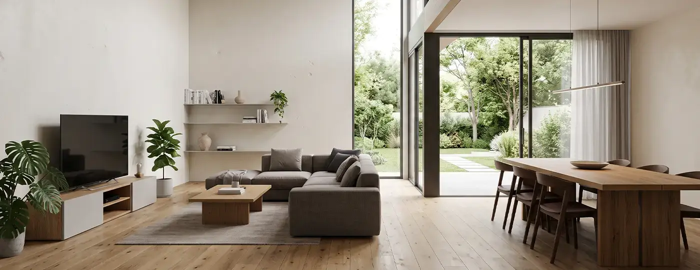 Geräumiges, helles Wohnzimmer mit Holzboden, grauer Eckcouch und großen Glasflächen zum Garten hin.