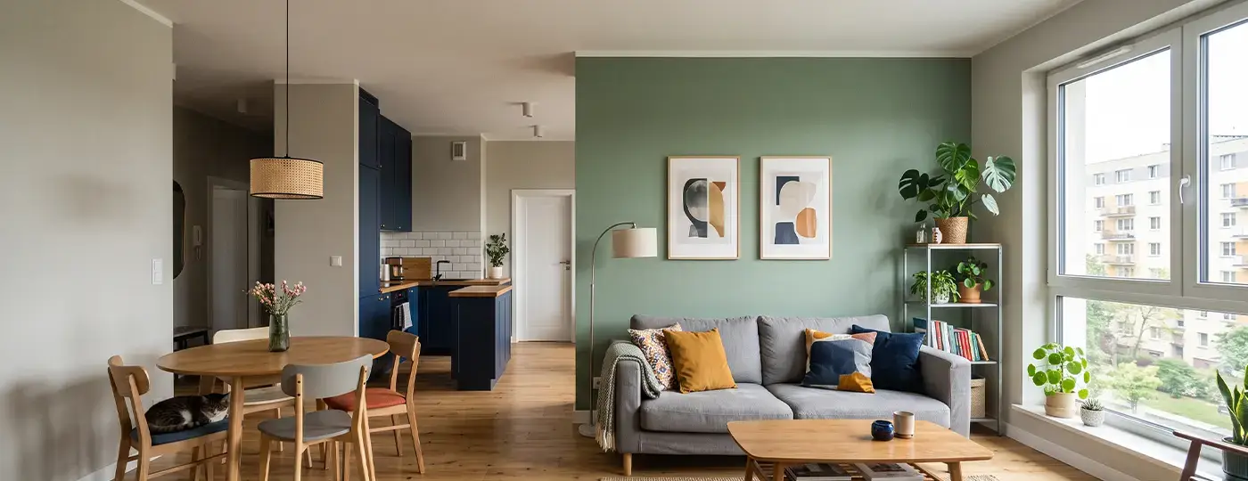 Eine helle Wohnung mit einer grünen Akzentwand im Wohnzimmer.