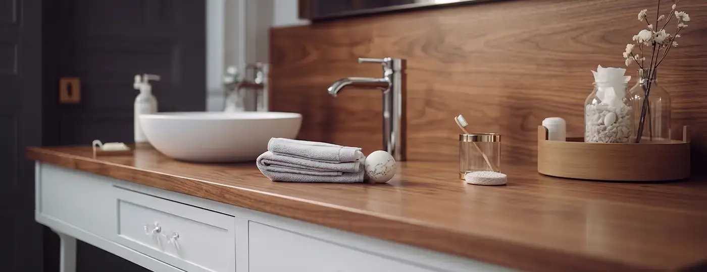 Eine elegante Badezimmer-Waschtischplatte aus Holz mit passendem Wandpaneel und markanter Maserung, komplettiert durch ein Aufsatzwaschbecken, eine Chromarmatur und dekorative Accessoires.