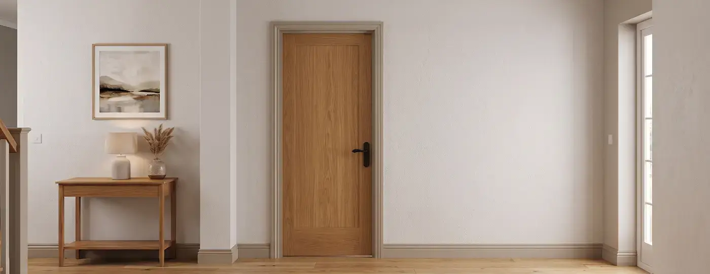 Modernes, minimalistisches Interieur mit natürlichen Holztüren in Türrahmen.