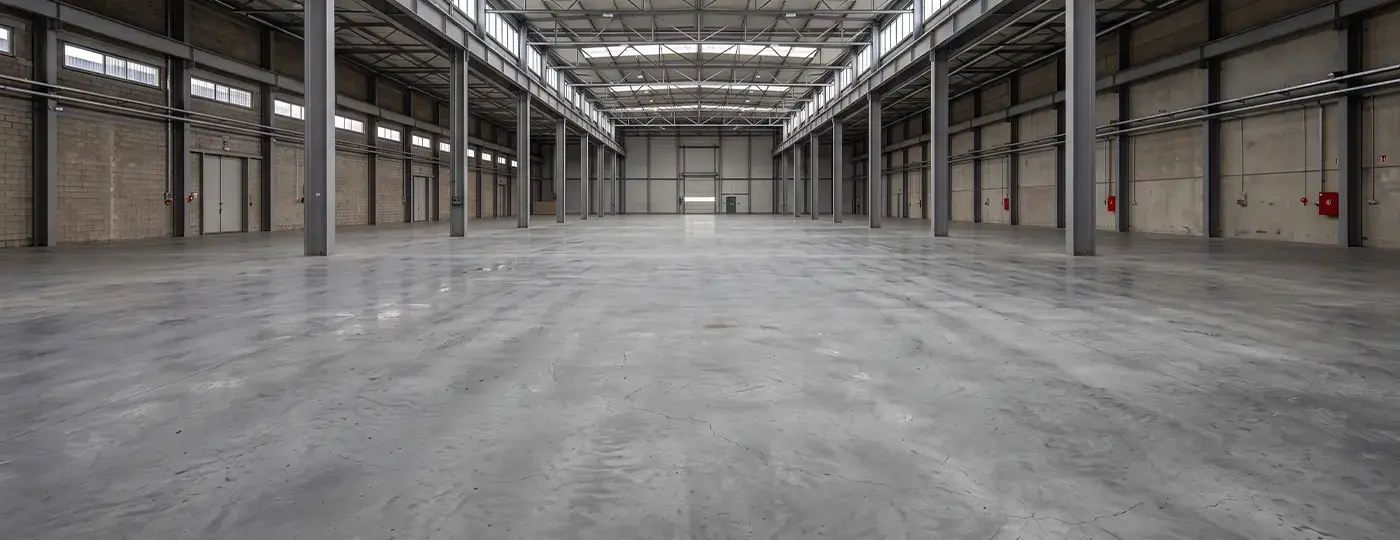 Eine riesige, leere Industriehalle mit einem gegossenen Betonboden.