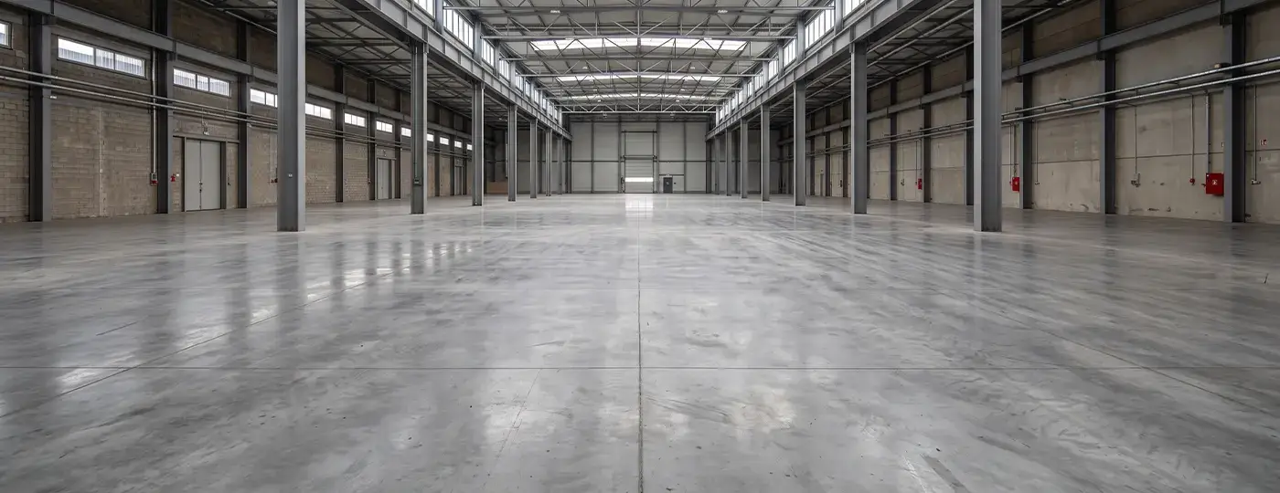 Leere Lagerhalle mit fertiggestelltem Betonboden.