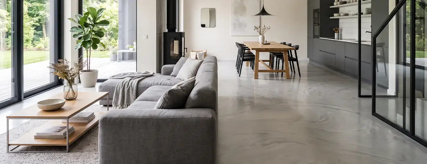 Ein helles, offenes Wohnzimmer mit einem dunkelgrauen Sofa, einem hellen Epoxidharzboden, einer Küchenzeile und einem Essbereich.