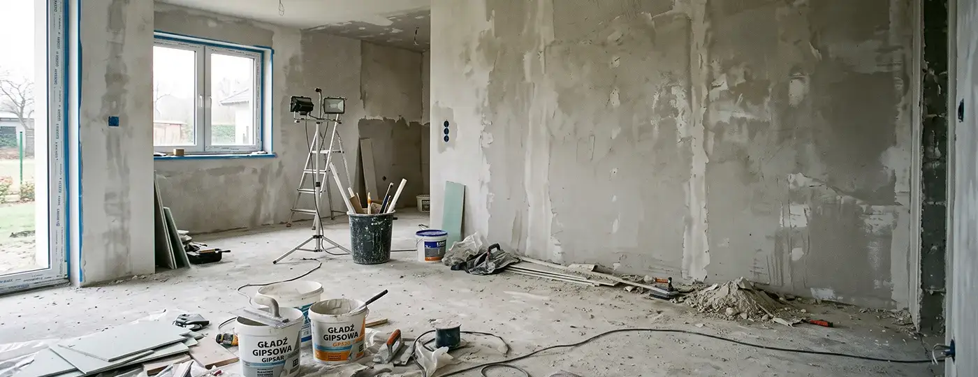 Innenansicht des Hauses vor dem Feinspachteln der Wände.