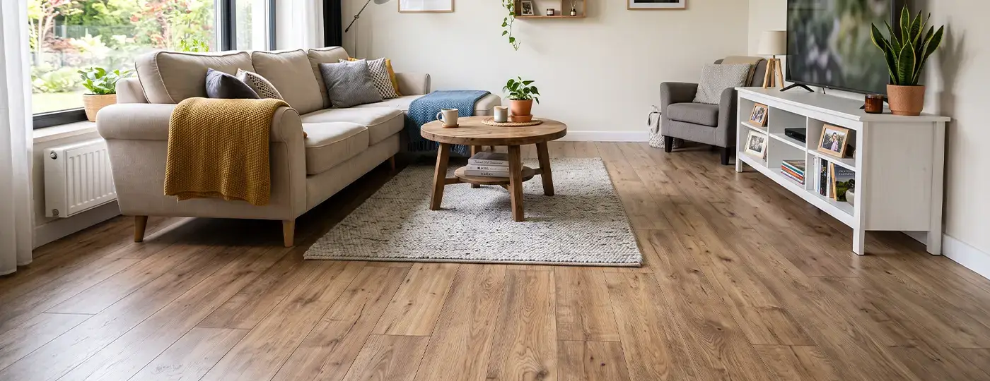 Wohnzimmer mit Bodenbelag in heller Holzoptik, einem Sofa und einem Couchtisch.
